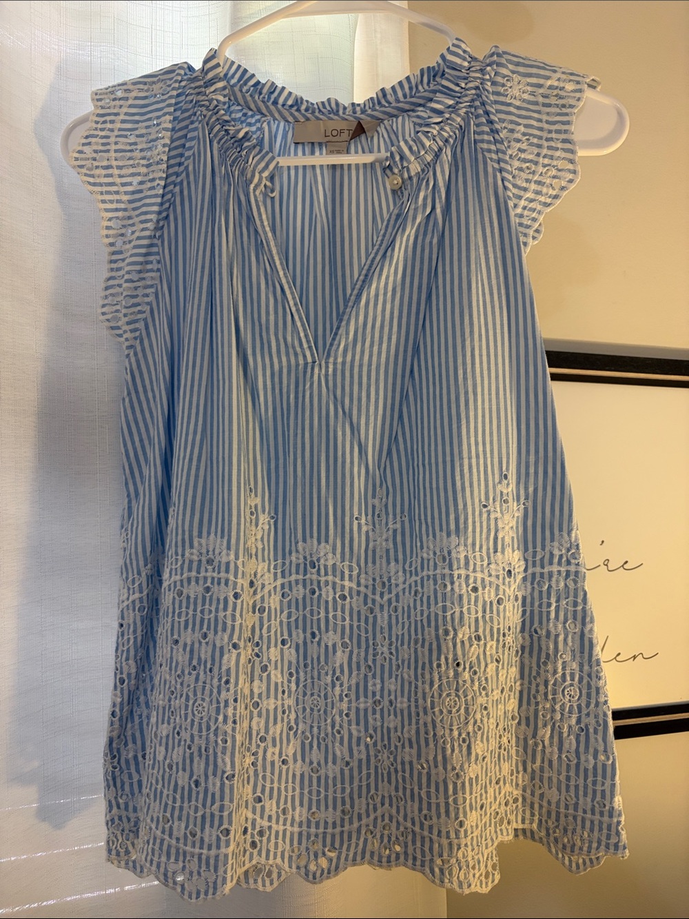LOFT Light Blue & White Striped Eyelet Flutter-Sleeve Tunic